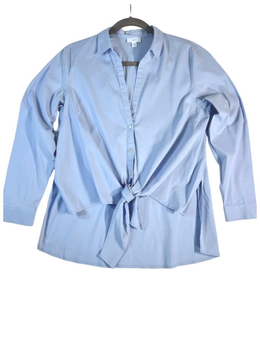J.Jill Petite M Light Blue Stretch Cotton Tie Front Hi-Low‎ Button Shirt